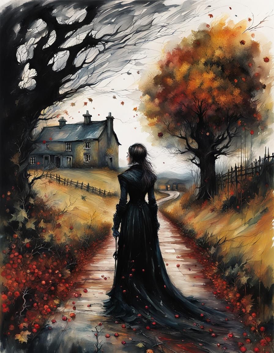 Gothic Autumn Landscape with Lady in Black