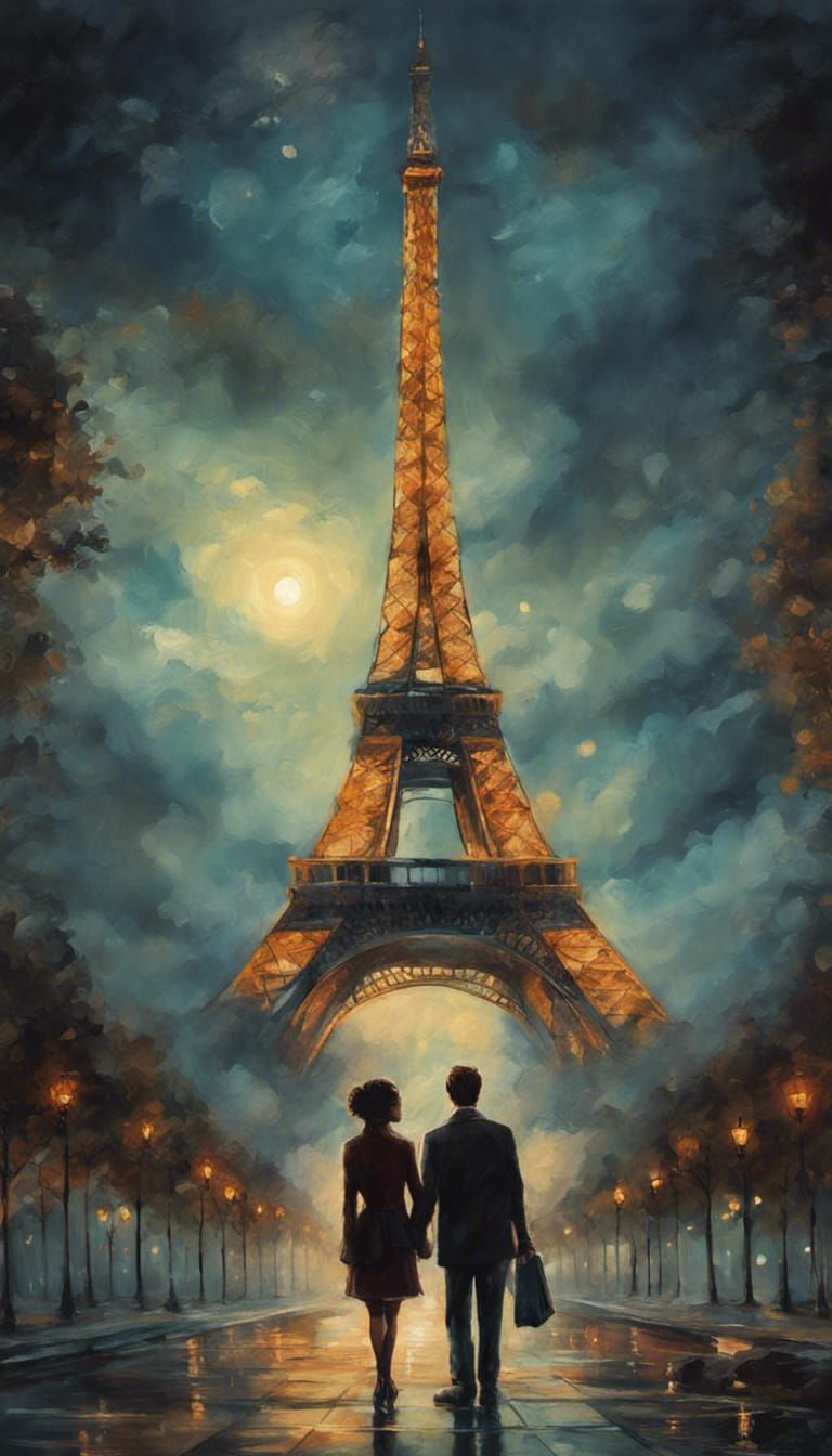 Eiffel Tower at Night: Moody Oil Painting