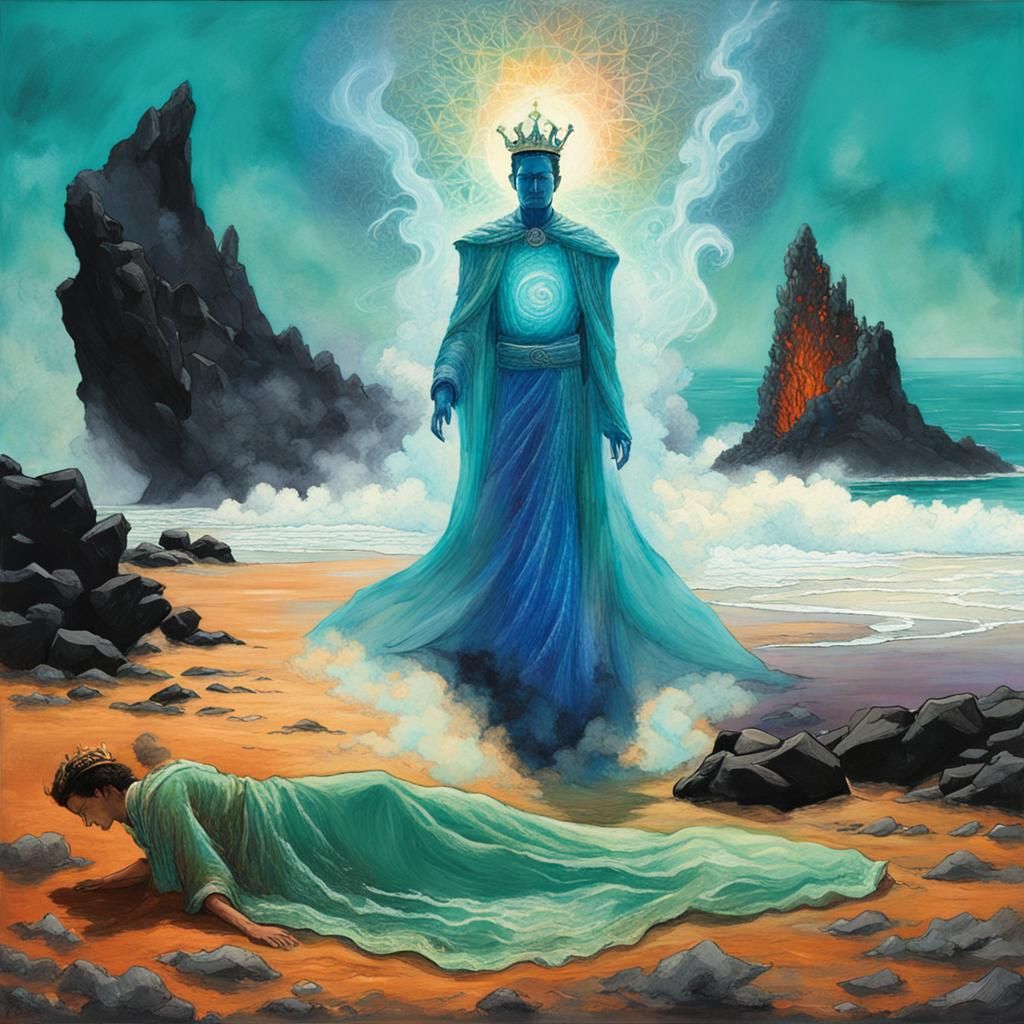 Ethereal King on Black Sand Beach, Surreal Oil Painting