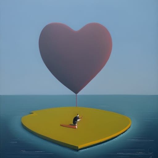 Man in Floating Heart, Surreal Sky Scene