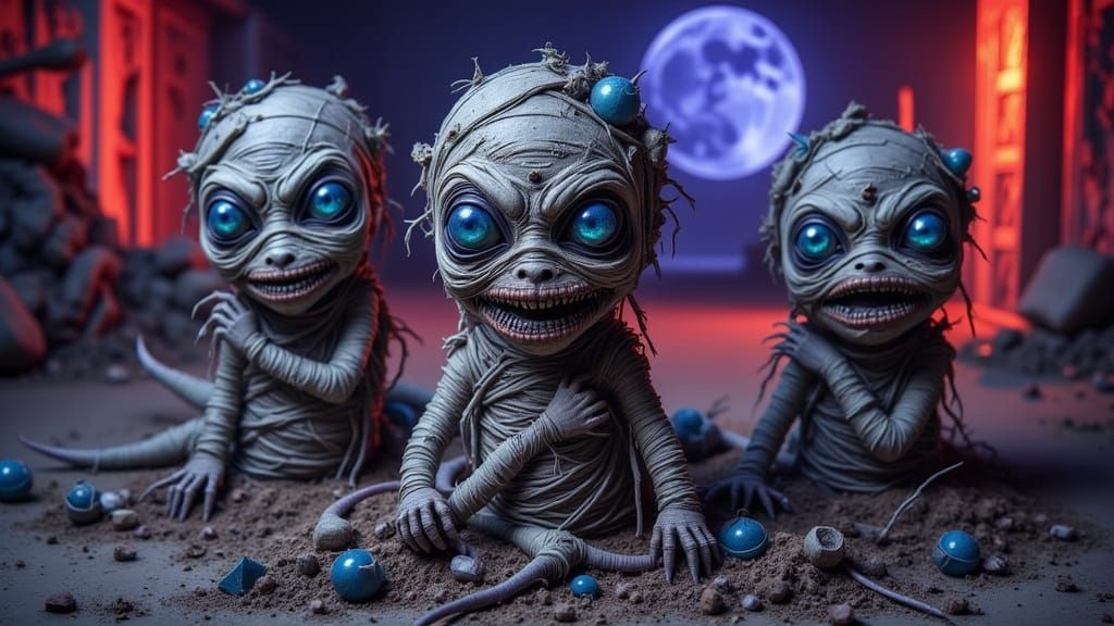 Alien Tiki Figurines in Surreal Room