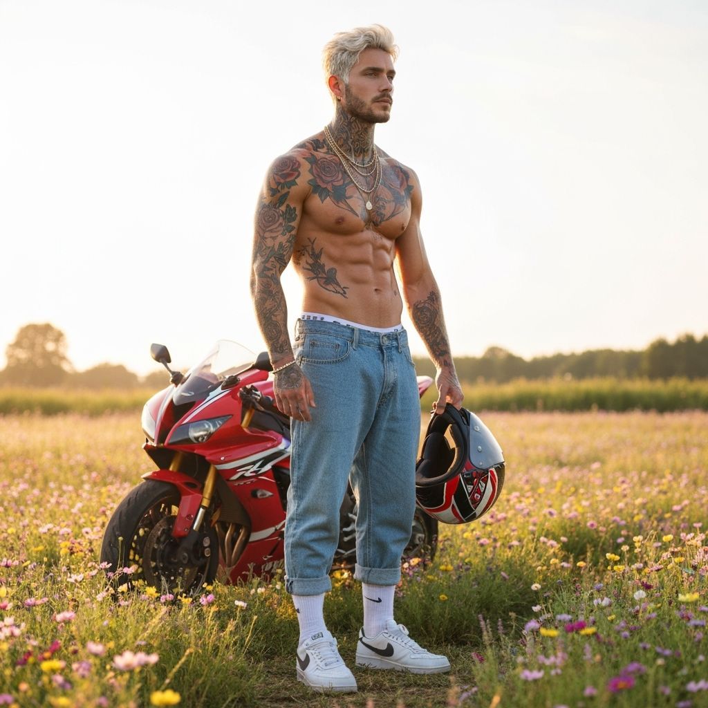 Male Model in Flower Meadow at Dawn