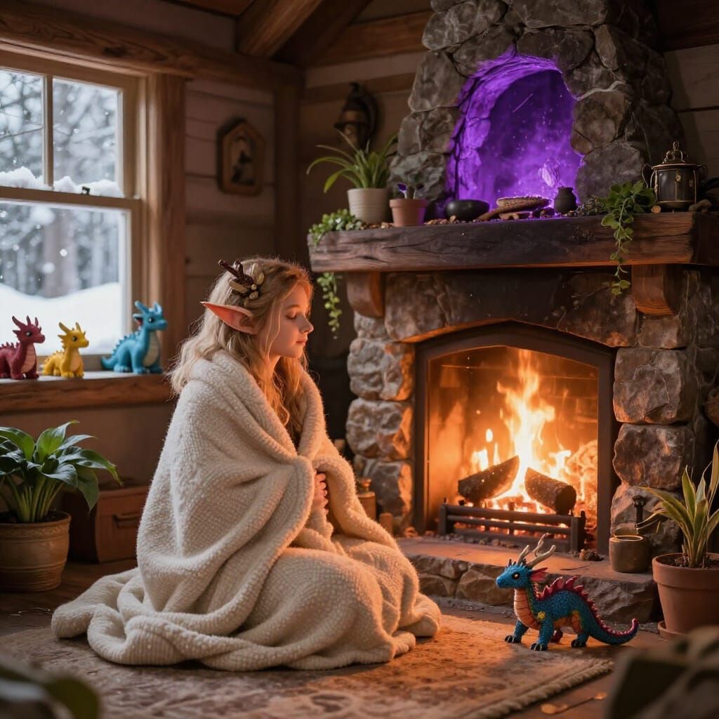 Fairy Elf by Fireplace with Purple Portal and Tiny Dragons