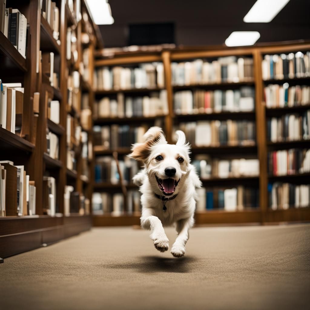 Dog Runs Through Library: High-Speed Photo