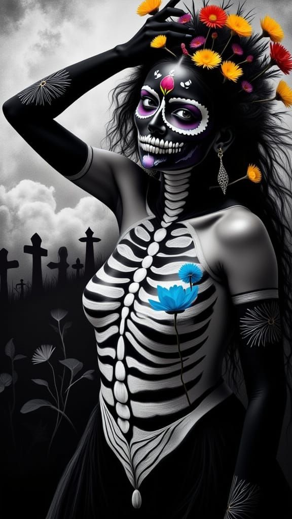 Día de los Muertos Woman with Altar and Marigolds