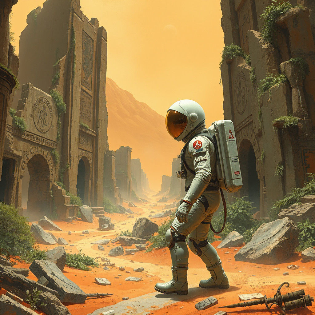 Astronaut Explores Ruins in Futuristic Landscape