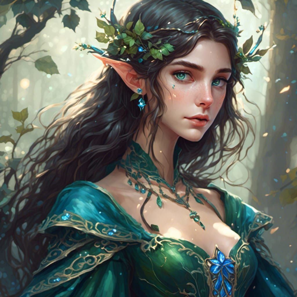 Enchanting Elf with Brown Hair and Blue Dress