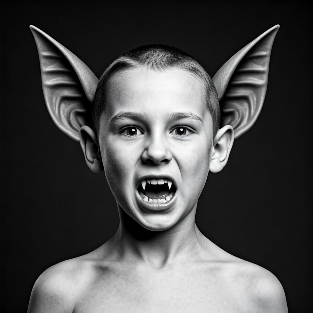 Monochrome Photo of Boy with Bat-Like Features