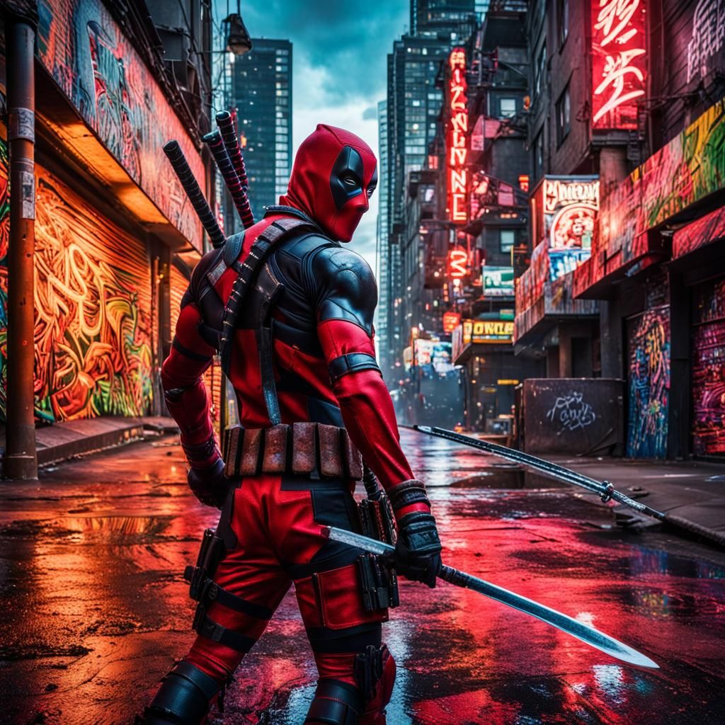 Deadpool Ninja in Tokyo Graffiti Cityscape