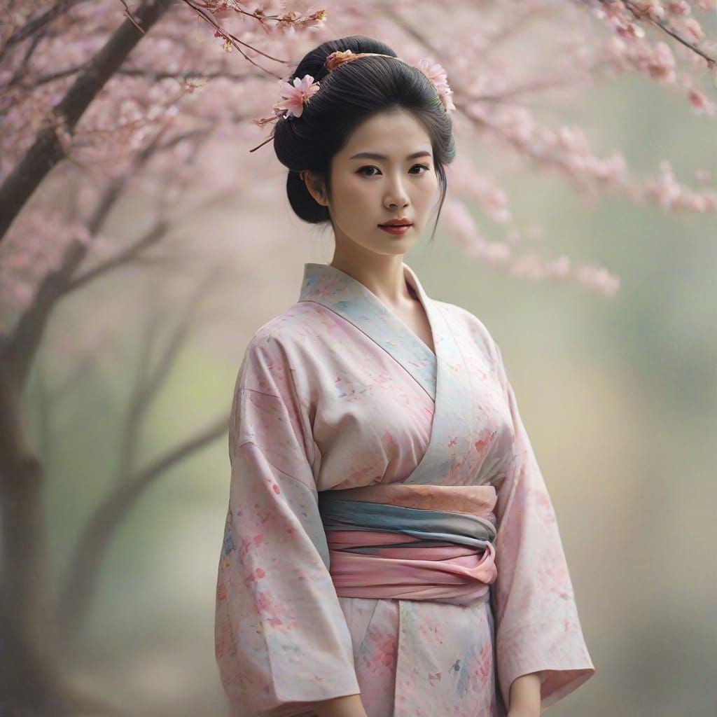 Serene Geisha in Colorful Vortex, Impressionist Style