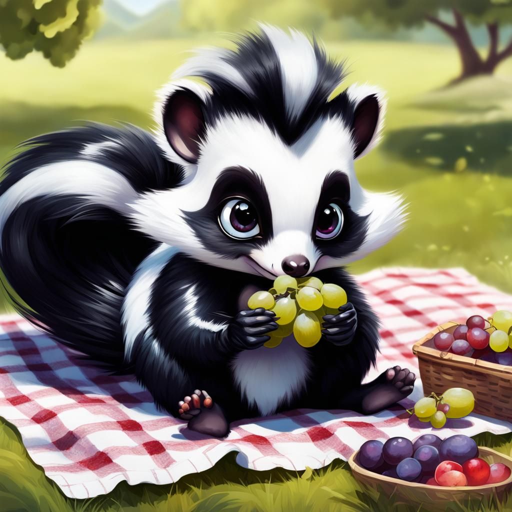 Fluffy Chibi Skunk Enjoying Picnic Grapes