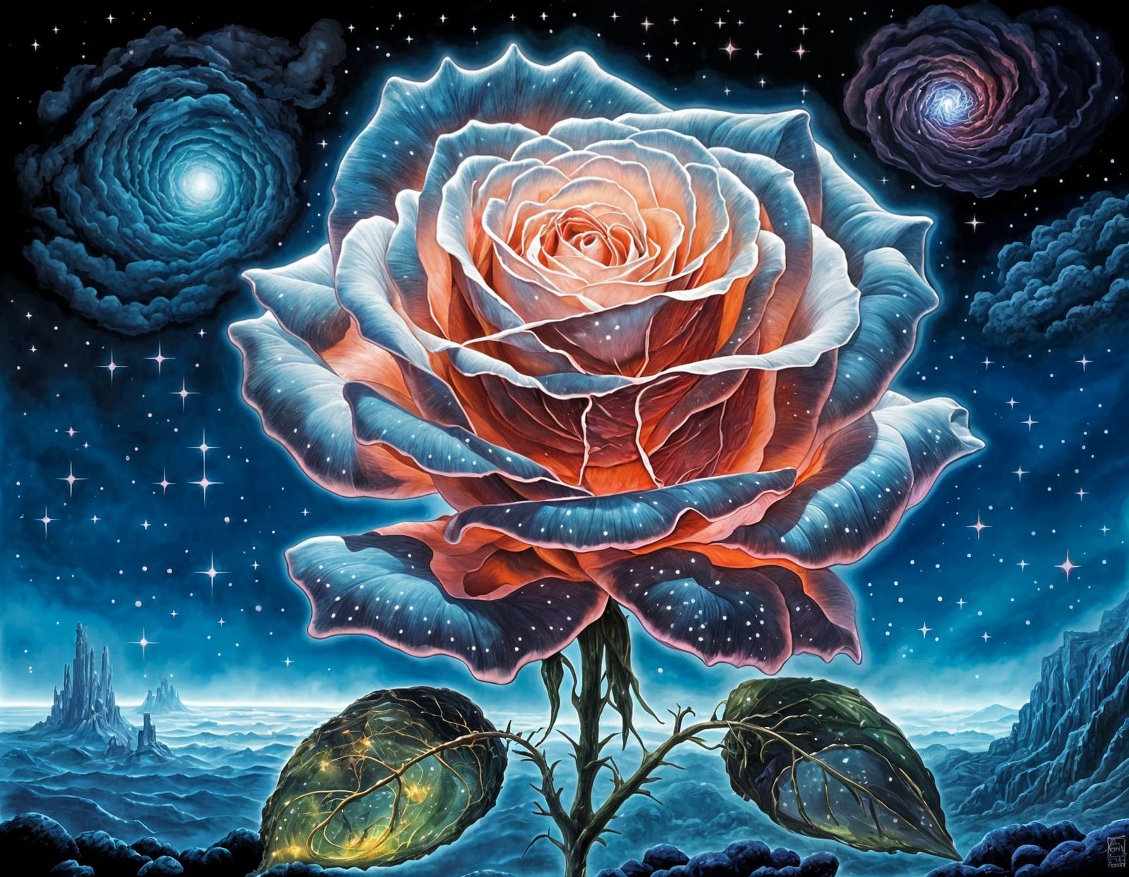 Ethereal Ghostly Rose in a Starry Night Sky