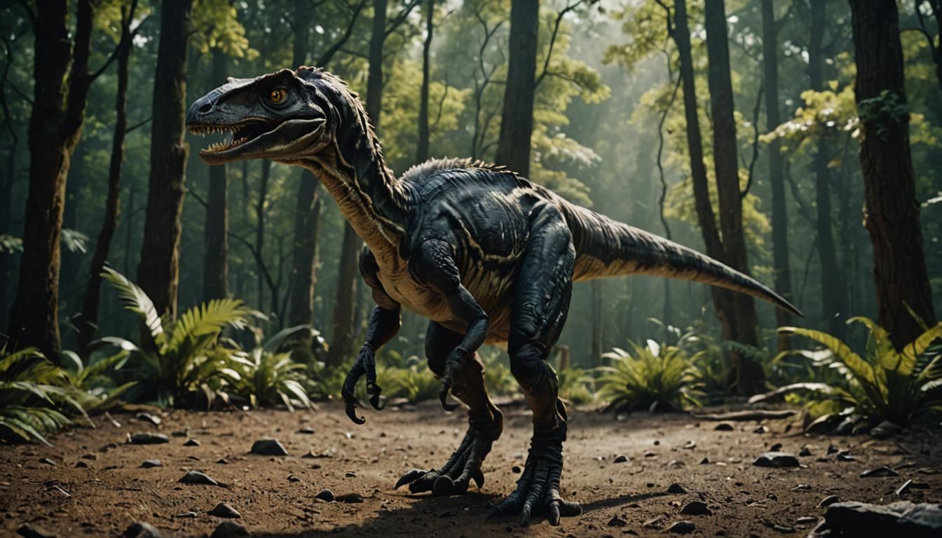 Cinematic Velociraptor Film Still in Live-Action Style