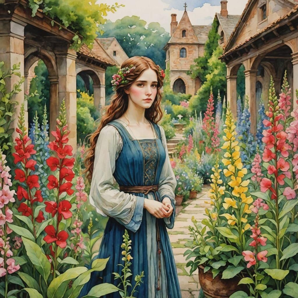 Snapdragons in Watercolor, Pre-Raphaelite Anime Style