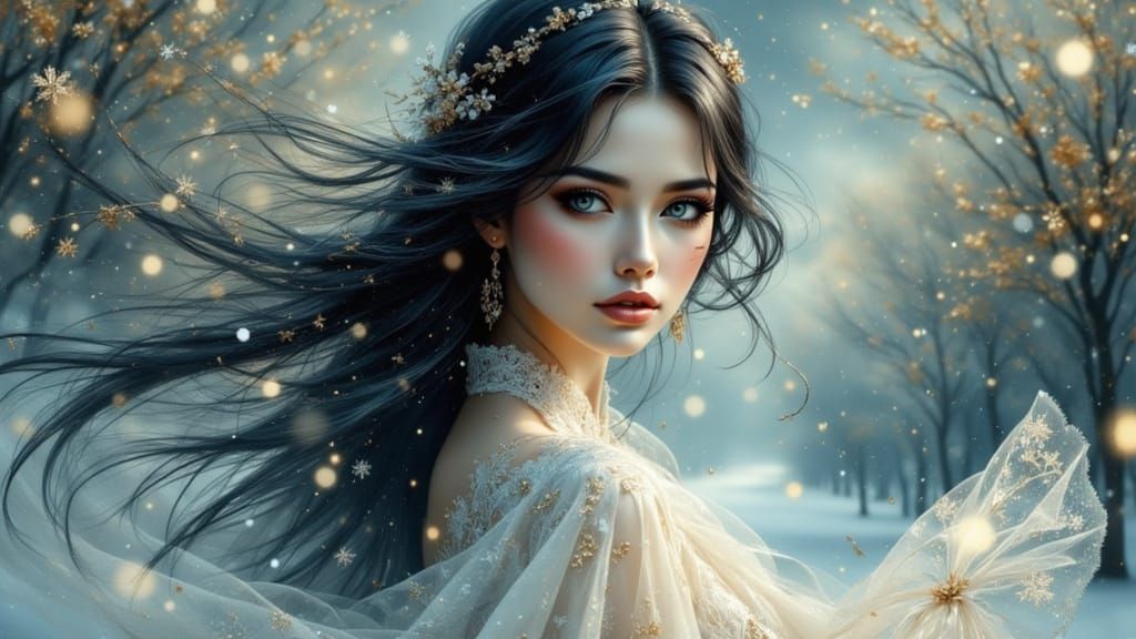 Mysterious East Asian Woman in Ethereal Winter Twilight