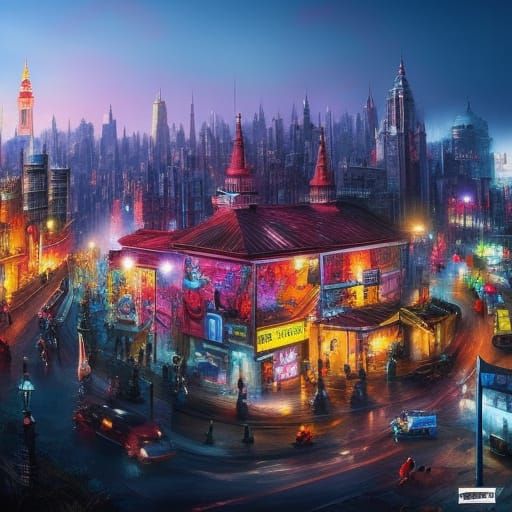 A colourful ,busy fictional urban scene set in the future