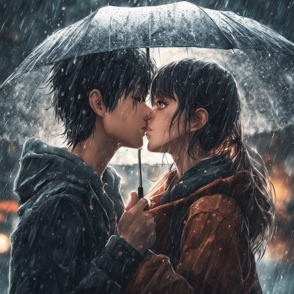 Anime Romance: Boy and Girl Kissing in Rain