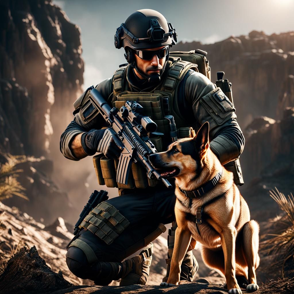 Special Forces Operator and Dog in Wasteland, 3D Render