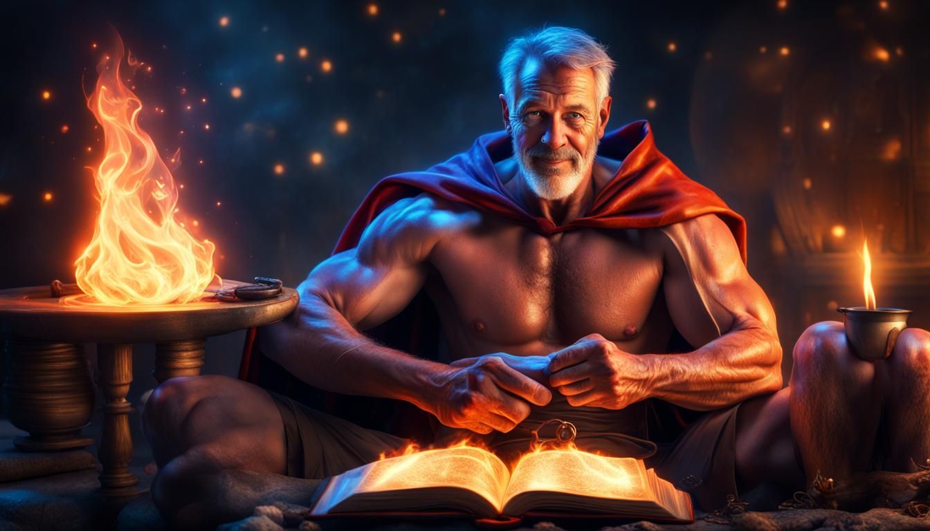 Muscular Sorcerer with Spell Book and Fire
