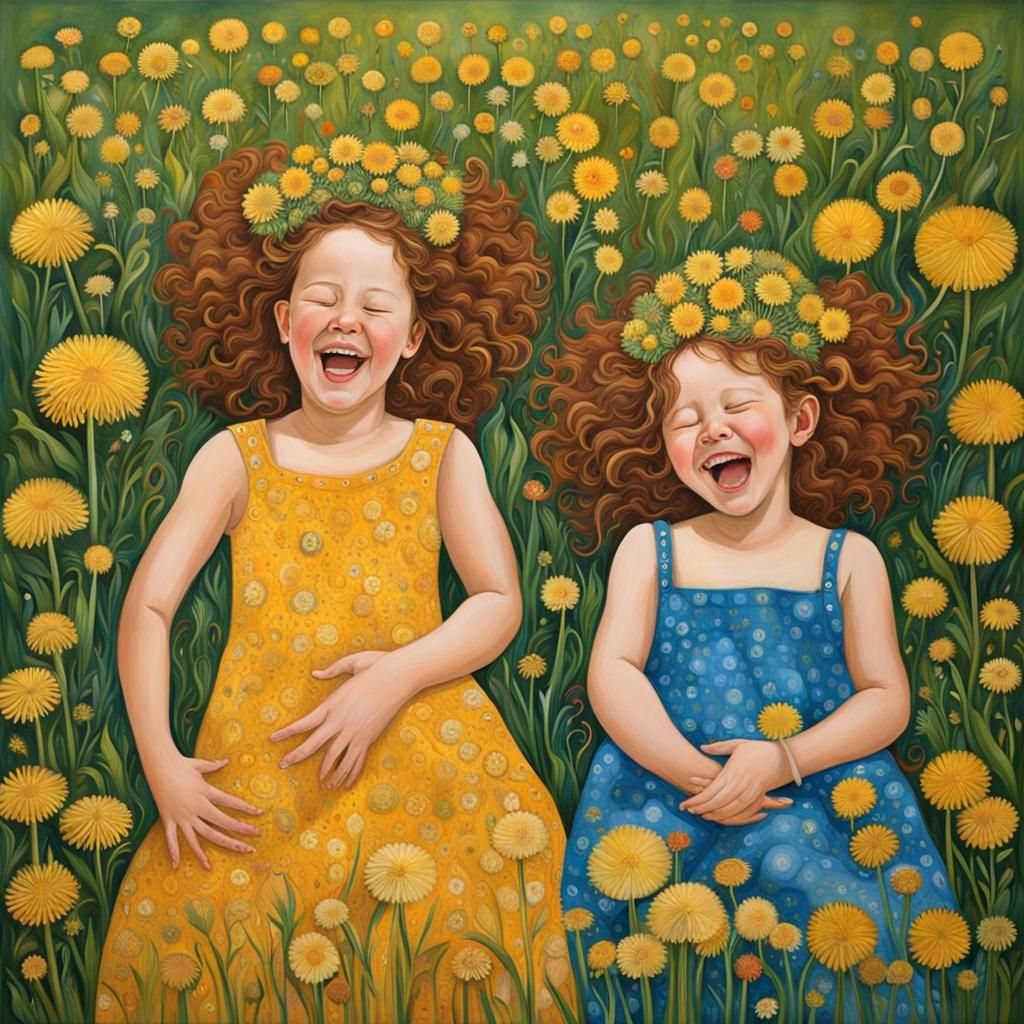 Sisters Laughing in Dandelion Field, Mixed-Media Painting