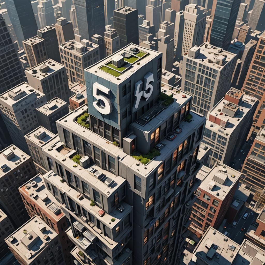 Cartoon Number 5 on Skyscraper: 3D Comic Art