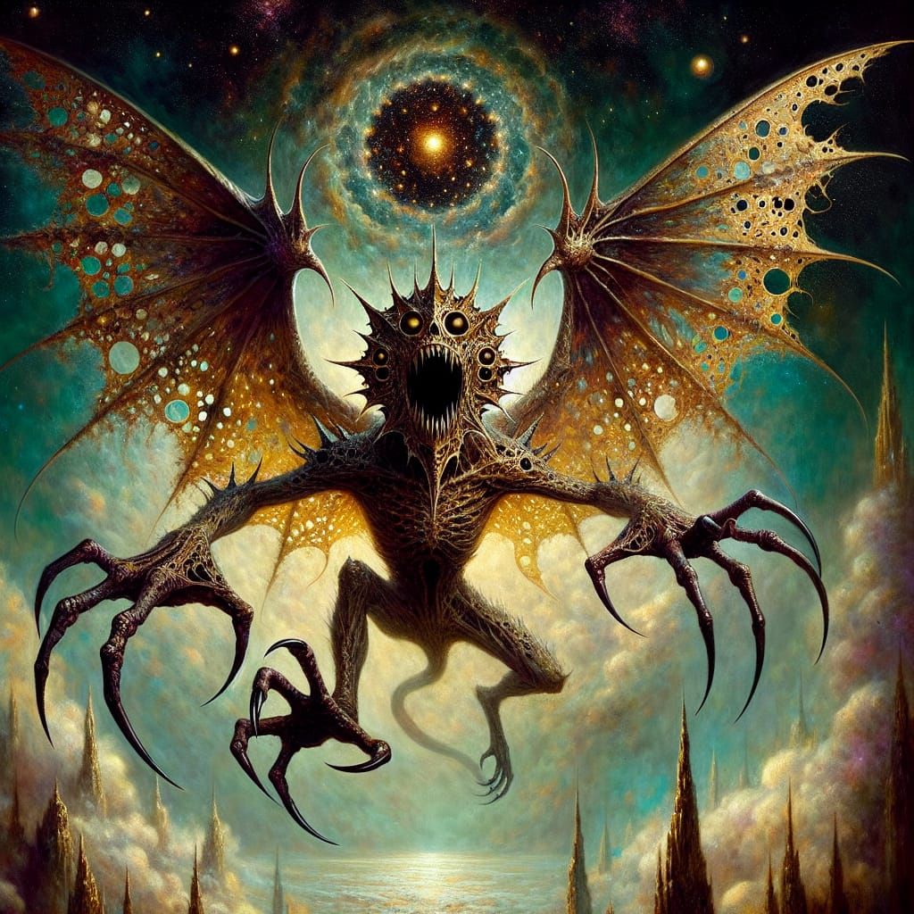 Eerie Winged Creature Soaring Through Dark Forest