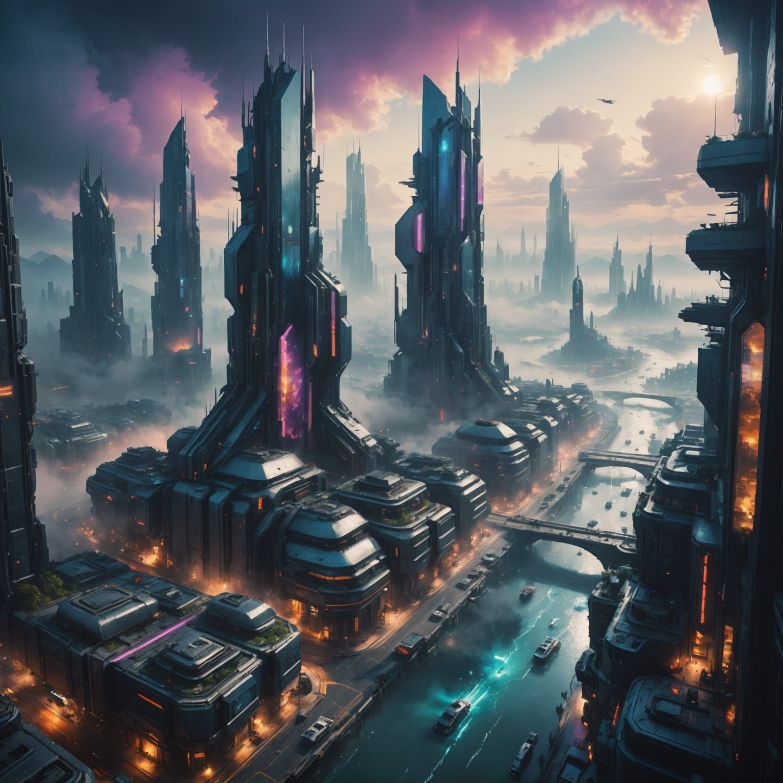 Cyberpunk Cityscape Emerging from Fog