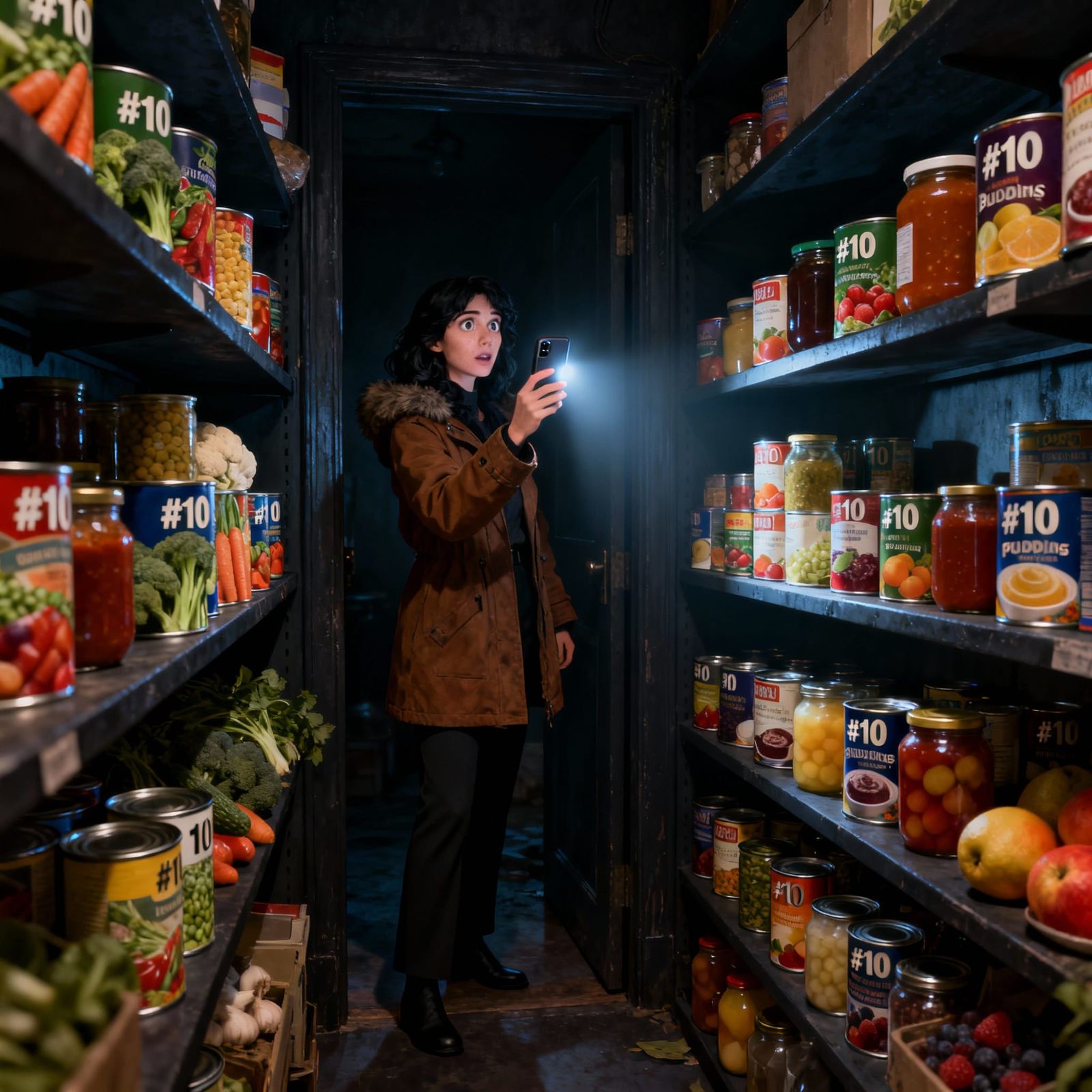 Woman Amazed by Hidden Pantry Stash in Dark Storeroom