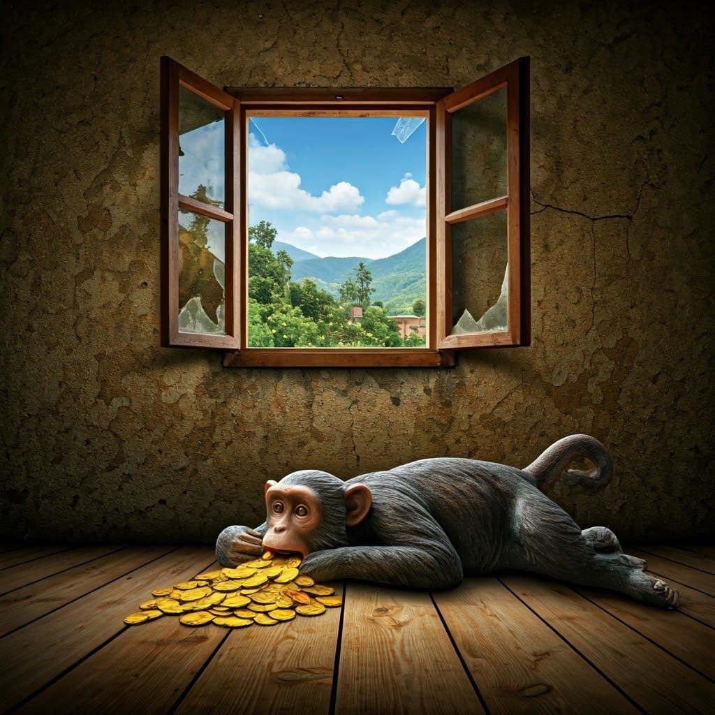 In a very poor house, a statue of a monkey lies on the floor next to a broken window, and gold coins are coming out of i...