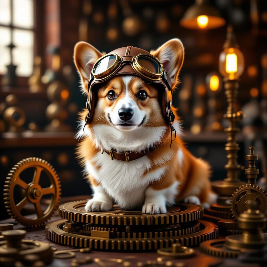 Fluffy Corgi in Steampunk Aviator Gear on Clockwork Gears