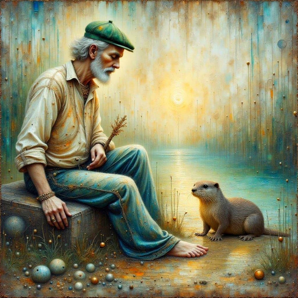 Fisherman Watching Otters: Watercolor Impasto Painting