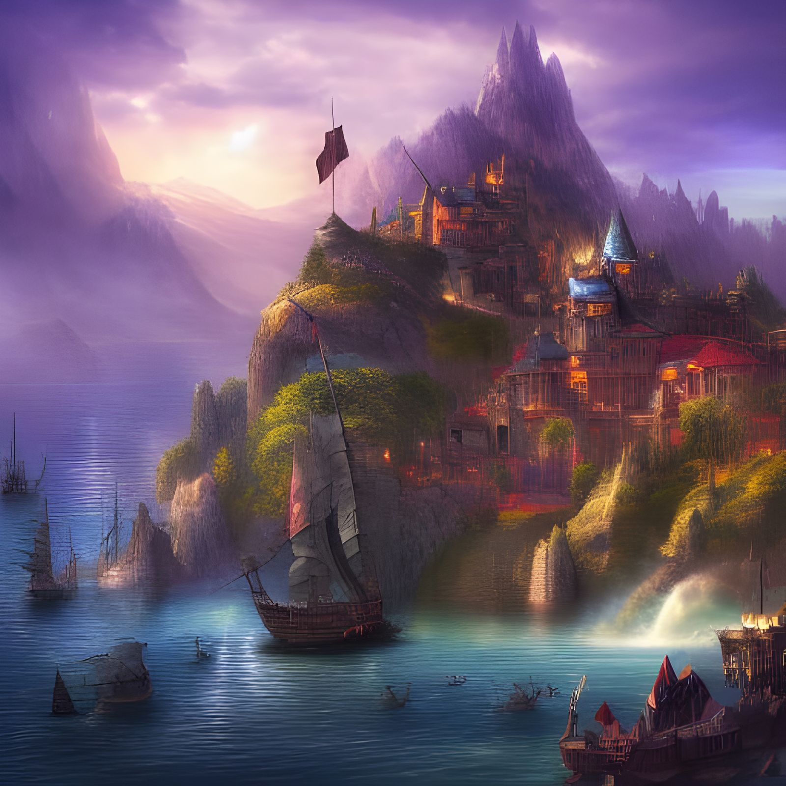 Majestic Mountain Village with Pirate Ships