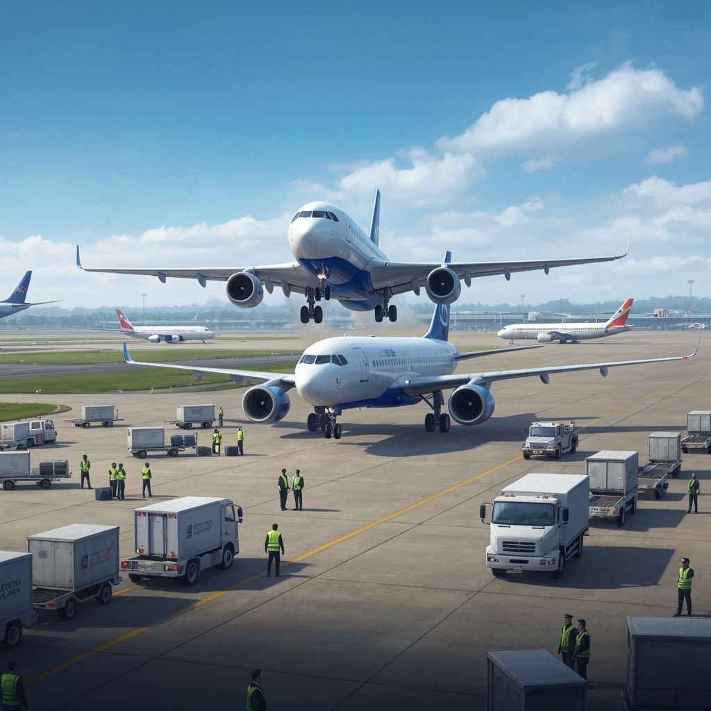 Commercial Airliner Departs: Futuristic Airport Scene