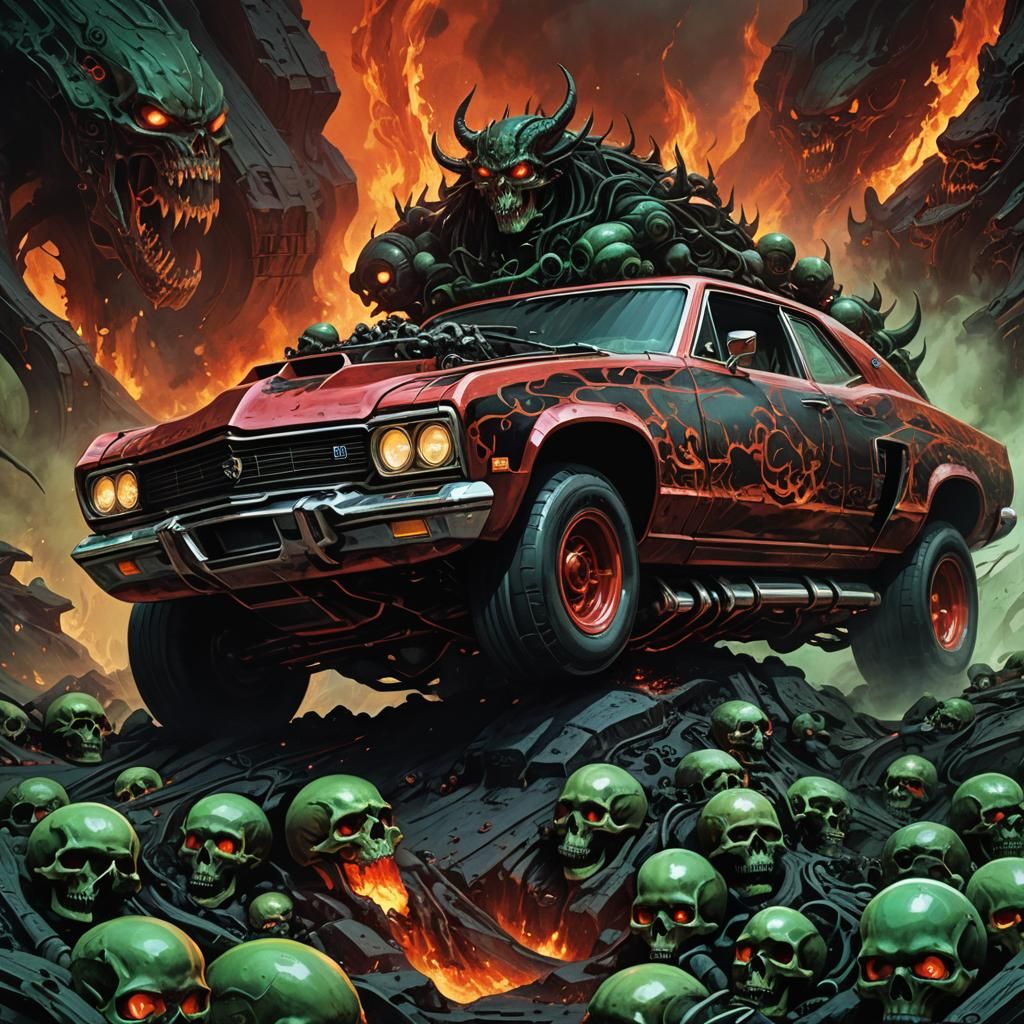 Demonic Car on Throne of Skulls: Fantasy Art
