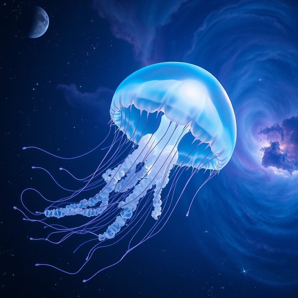 Bioluminescent Jellyfish Drifting Through Nebulae in a Vibra...