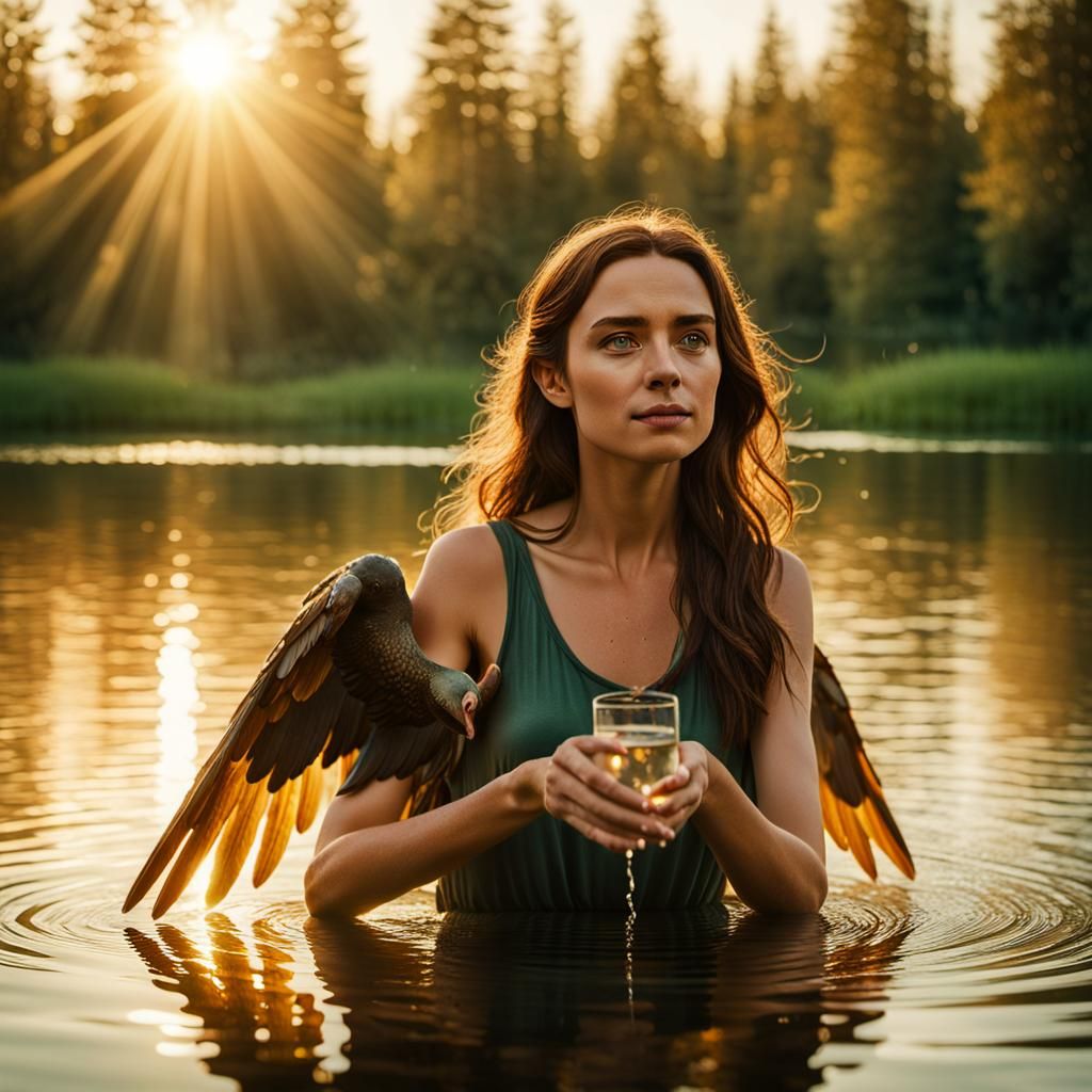 Winged Woman Scooping Water, Cinematic Film Still