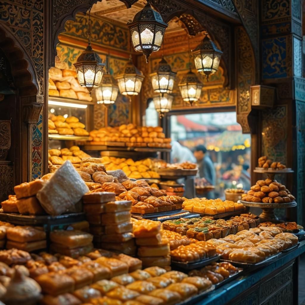 Ornate Ottoman Food Stalls with Baklava