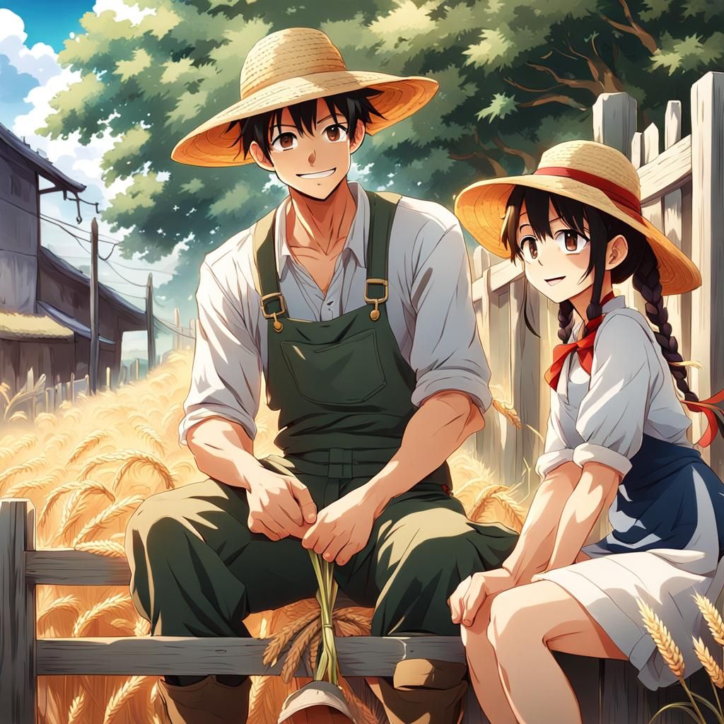 Anime Farmer Boy Greets Girl with Wheat