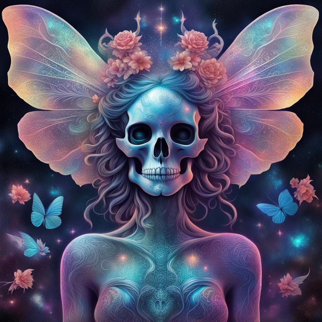 Cosmic Skull Fairy in Holographic Astral Illustration