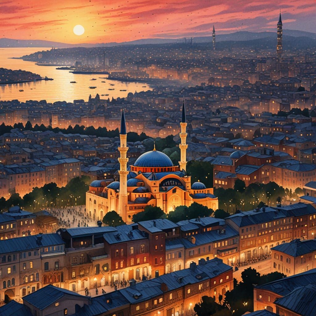 Constantinople Sunset in Watercolor Art Deco Style