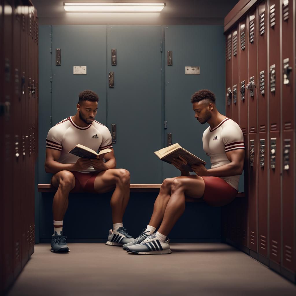Two Men Reading in a Locker Room, Detailed Matte Painting