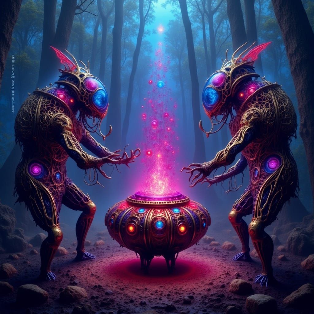 Witch Cyborgs Gathered in Misty Forest