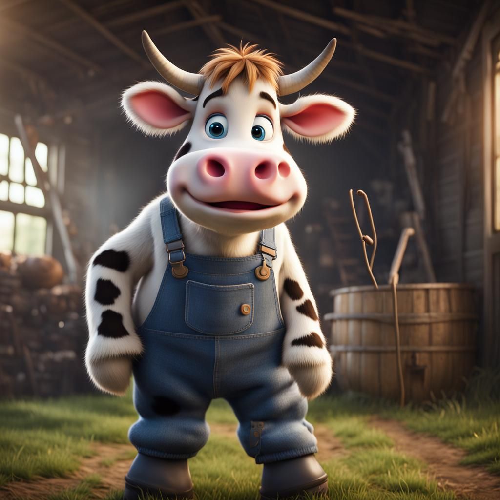 Pixar-Style Furry Cow Doing Farm Chores