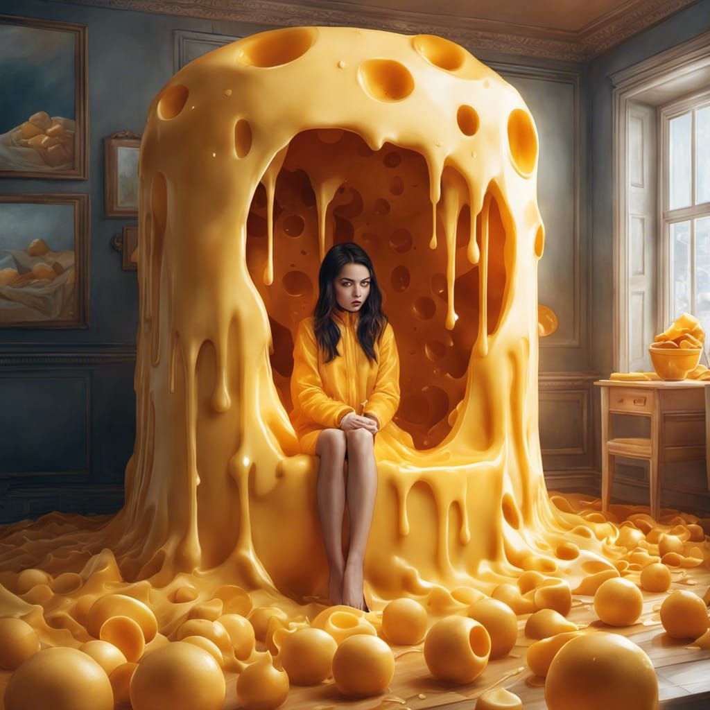 Girl in Melting Cheese Room: Digital Art