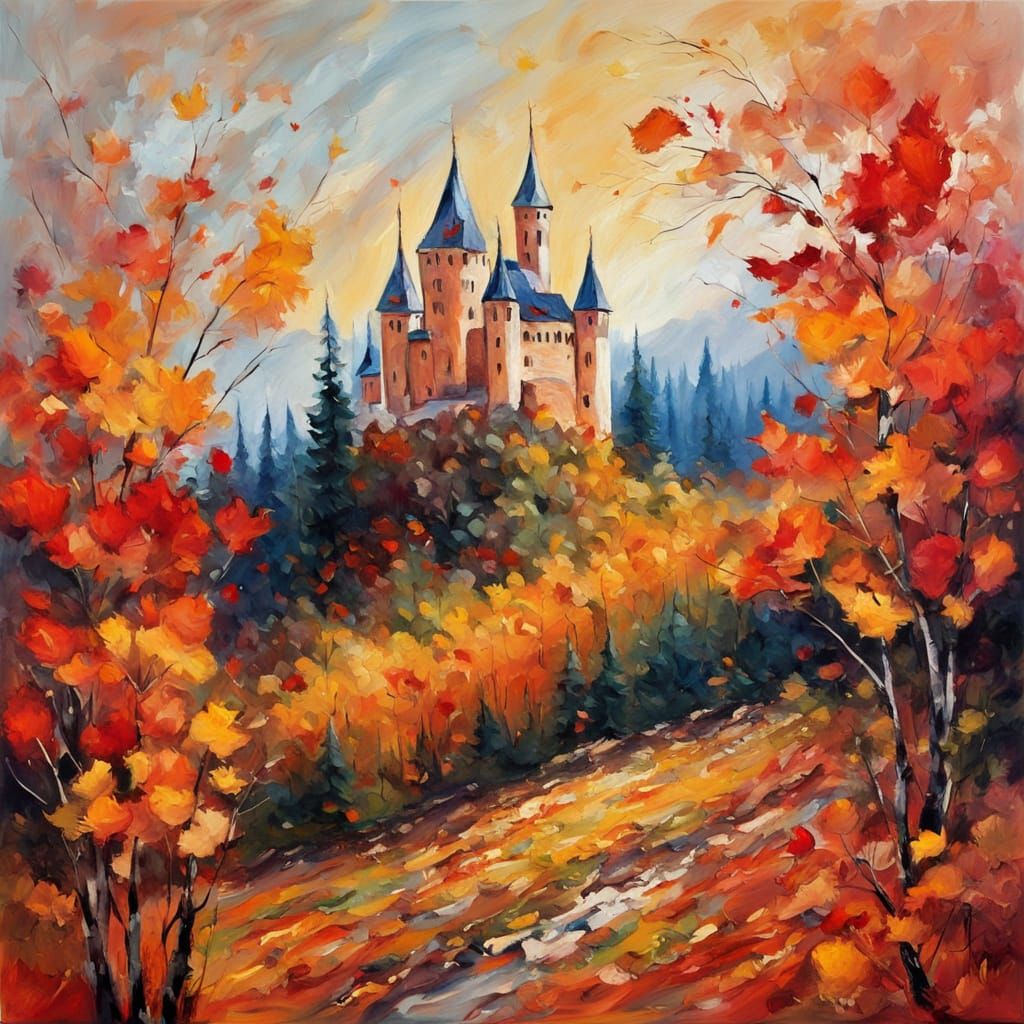 Impasto Autumn Castle Painting with Expressive Brushstrokes