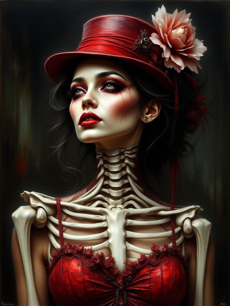 Eerie Woman Morphing into Skeleton in Dark Surrealism