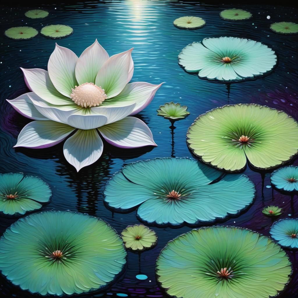 Moon Flowers on Pond as Pointillist Painting