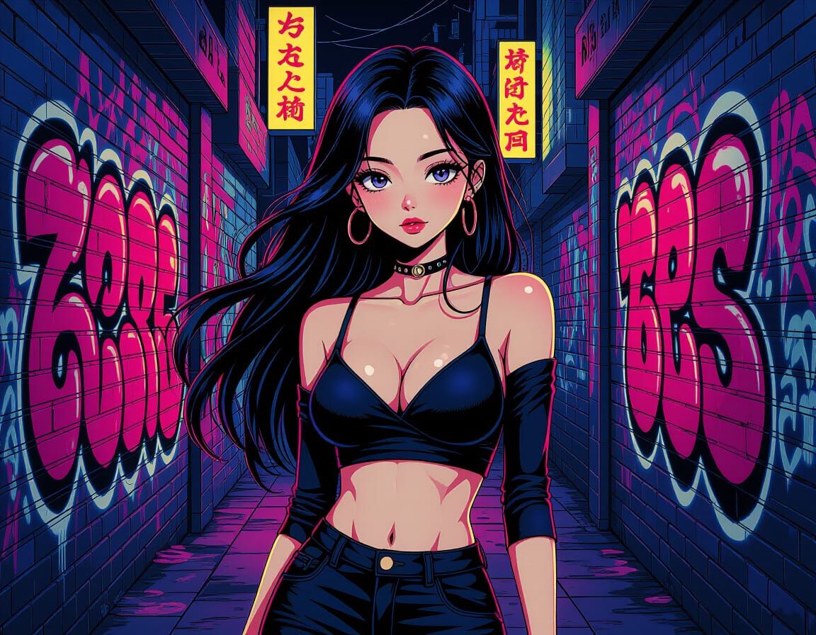 Hyperrealistic Anime Woman in Graffiti Alley