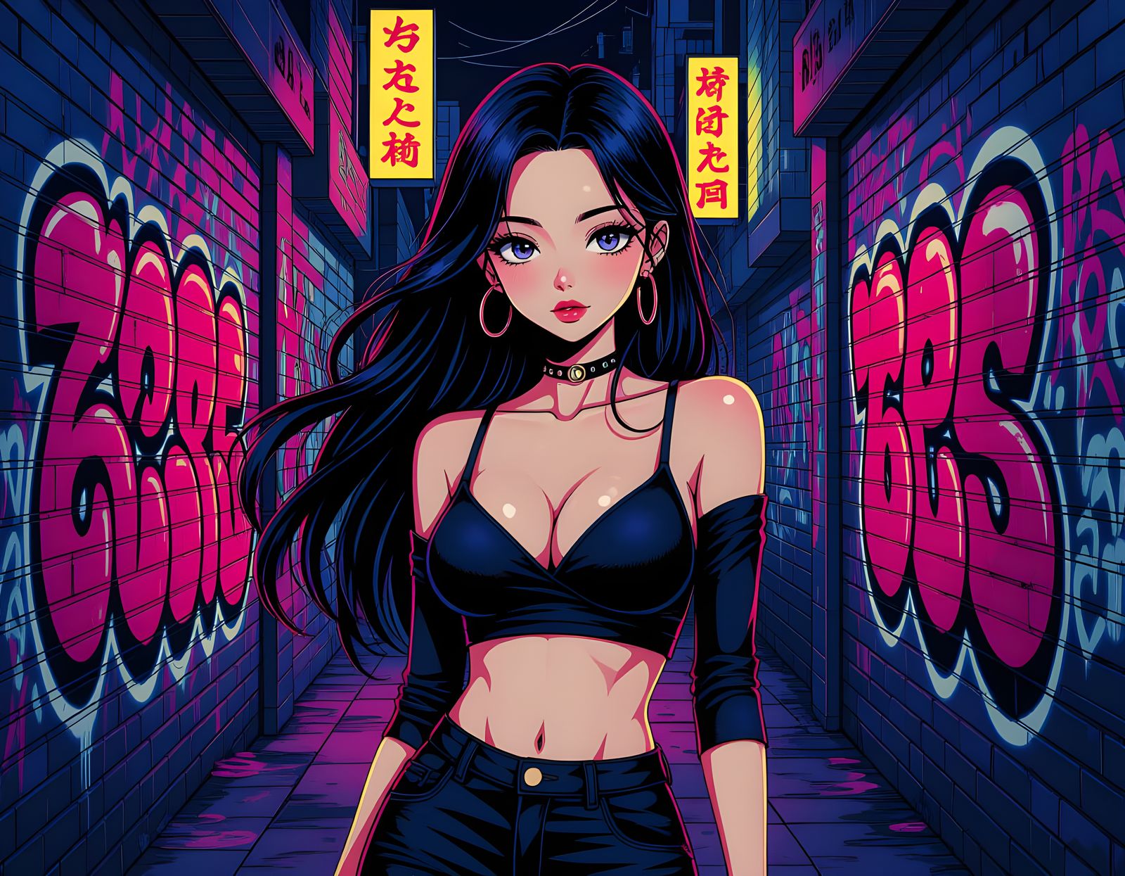 Hyperrealistic Anime Woman in Graffiti Alley