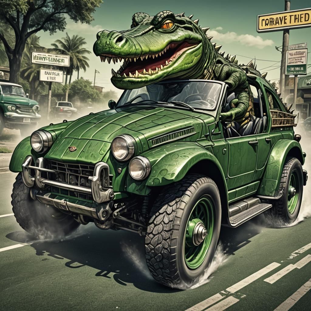 Comic Alligator Drives Car: Hyperrealistic Image
